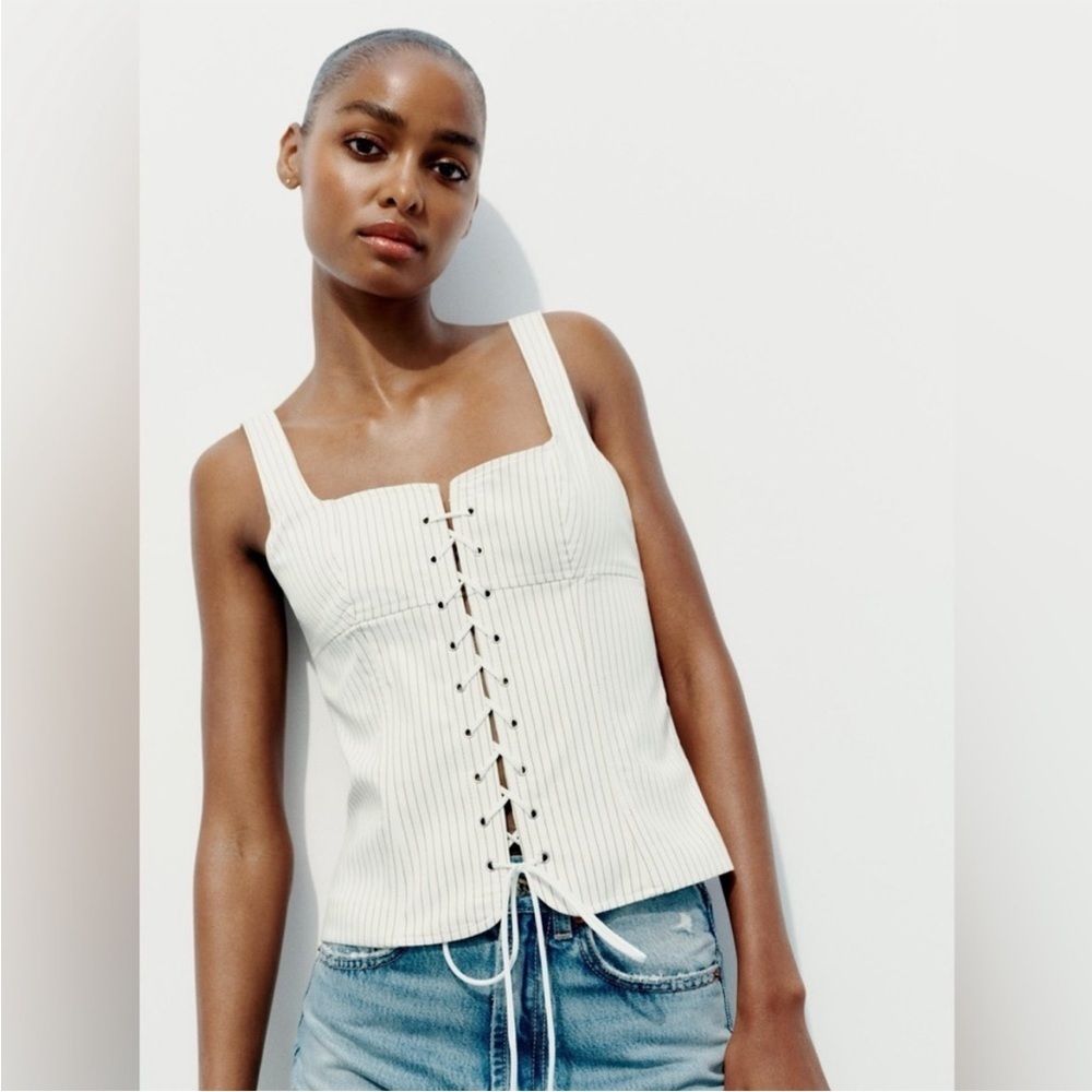 NEW  ZARA ZARA STRIPED CORSET TOP light Brown/White Lace-Up Top
Size XS
